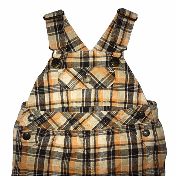 Janie & Jack Plaid Brown Orange Shortalls 3-6 Mo - Picture 2 of 7